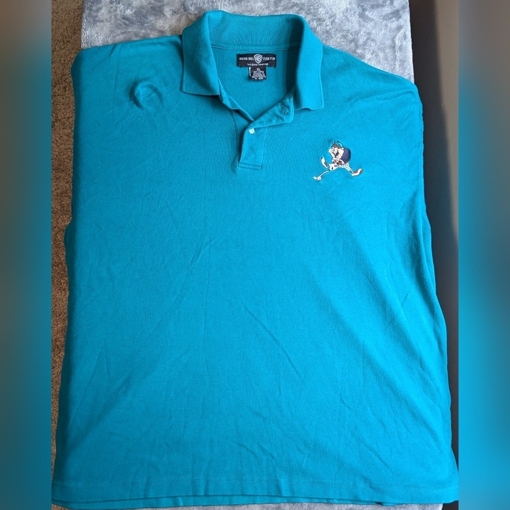 Warner Bros Studio Golfing Polo Men's Extra Large Blue Teal Tasmanian Devil